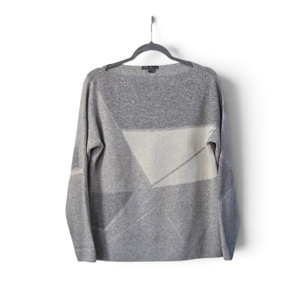 Vince Gray Geometric Boat Neck Pullover Sweater Wool Cashmere Blend Womens Small